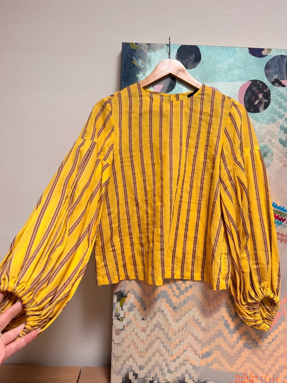 ALYSI chocolat Striped Silk Linen Blend blouson sleeve shirt Size 2